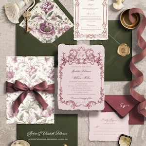 Rococo Wedding Invitation Suite | Blush Pink & Olive Baroque Set | Vintage Rococo Invitation, RSVP,  Save the day | Editable Template