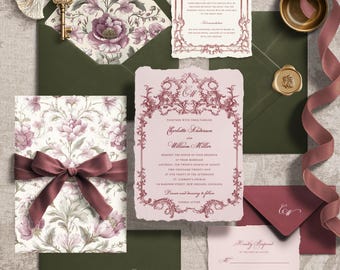 Rococo Wedding Invitation Suite | Blush Pink & Olive Baroque Set | Vintage Rococo Invitation, RSVP,  Save the day | Editable Template
