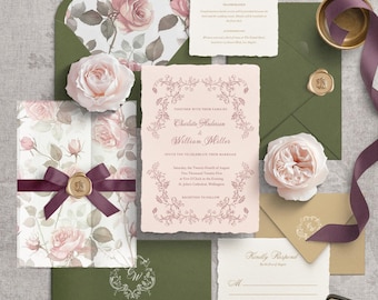 May include: A wedding invitation suite featuring deckle-edged paper, floral rose patterns, and olive green envelopes. The main invitation reads Charlotte Anderson and William Miller, with a dark purple ribbon, gold wax seal, and a small ring box included.