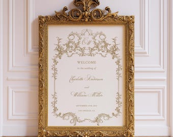 Klassiek rococo-welkomstbord voor bruiloften | Bewerkbaar canvasontwerp | Handgetekende vintage bloemen | Romantische briefpapierset