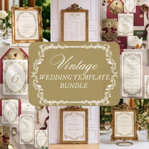 May include: A collection of vintage wedding templates, including invitations, table cards, and menus. The templates feature ornate gold frames and elegant floral designs. The central image displays the text "Vintage Wedding Template Bundle."