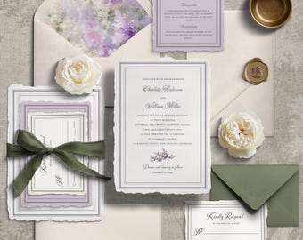 Invitación de boda barroca con diseño vintage floral morado y romántico en tonos lila y ciruela. Plantilla editable.