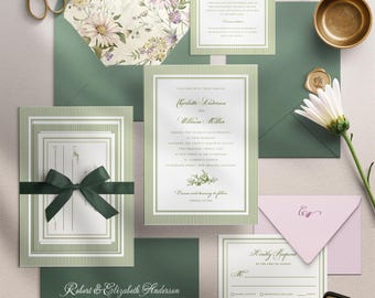 Sage Botanical Wedding Invitation Set | Sage Green | Blush | Vintage Floral Liner | Canva Template | Elegant Summer Suite