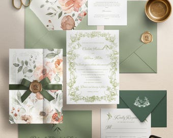 Hand-Drawn Floral Wedding Invitation Template | Sage Green Garden Invite Suite | Editable Canva Stationery Set | Elegant Woodland Aesthetic