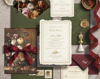 Classic Baroque Wedding Invitation Suite | Burgundy & Dark Green Vintage Floral Set | Invitation, RSVP,  Save the day | Editable Template
