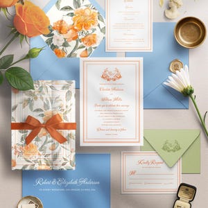 Orange Floral Wedding Invitation Suite | Blue Envelope Botanical Set | Spring Summer Wedding | Vintage Liner | Editable Canva Template