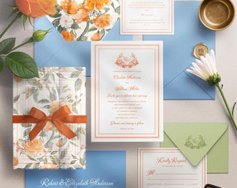 Invitaciones de boda con estampado floral naranja / Conjunto botánico con sobres azules / Forro vintage / Plantilla editable de Canva