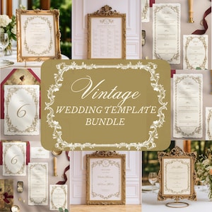 May include: A collection of vintage wedding templates, including invitations, menus, and table cards. The designs feature ornate gold frames and elegant floral borders. The central image displays the text "Vintage Wedding Template Bundle."