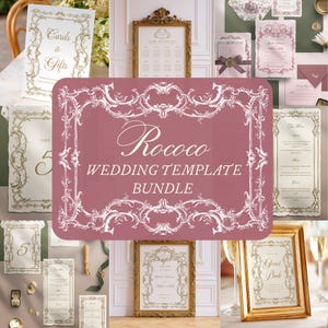 May include: A selection of Rococo-style wedding stationery templates. The templates include invitations, table cards, menus, and a guest book sign. The designs feature ornate gold frames and decorative flourishes on a dusty rose background. The text "Cards & Gifts" and "Guest Book" are visible.