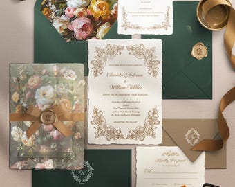 A5 & 5x7 Fall Woodland Garden Wedding Invitation Suite | Baroque Wedding | Editable Canva Template | Cottagecore Digital Download