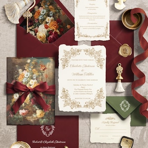 Classic Baroque Wedding Invitation Template | Burgundy Red Vintage Suite | Editable Canva Download for Fall Wedding