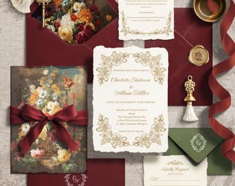 Klassisch Barocke Hochzeitseinladung Vorlage | Burgunderrot Vintage Anzug | Bearbeitbare Canva Download für Hochzeit im Herbst