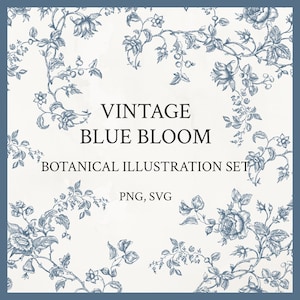 Vintage Blue Floral Clipart Bundle, Botanical Toile PNG SVG, Wedding Floral Elements, French Blue Flowers, Motifs & Bouquets
