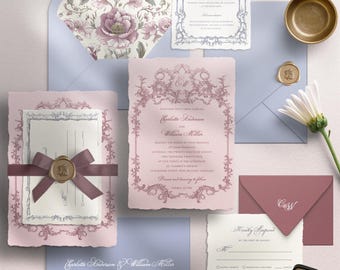 Rococo Wedding Invitation Suite | Blush Pink & Dusty Blue Baroque Set | Vintage Floral Invitation, RSVP,  Envelope Liner | Editable Template