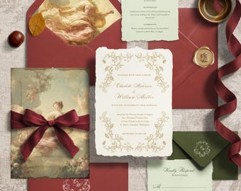 A5 & 5x7 Classic Baroque Wedding Invitation Suite | Editable Canva Design | Hand-Drawn Vintage Florals | Romantic Stationery Set