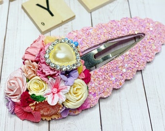 Floral Snap Clips, Flowers + Rhinestones, 4 inch Scalloped Hair Accessory, Perfect for: Toddler, Girl, Teen, Mom Messy Bun , Gift for Her