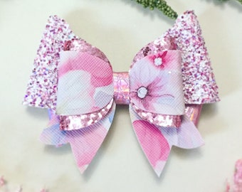 Hydrangea Floral Hair Bow, Single Bow Clip: OTT Over the Top, Glitter and Faux Leather Bow