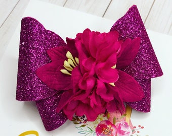 Flower Hair Bow Clip: OTT Over the Top Single Bow, Floral Print, Custom One of a Kind Paper Floral Center