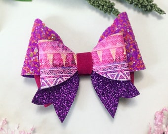 Aztech Floral Hair Bow, Single Bow Clip: OTT Over the Top, Glitter and Faux Leather Bow