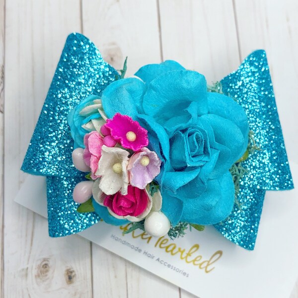 Flower Hair Bow Clip: OTT Over the Top Single Bow, Floral Print, Custom One of a Kind Paper Floral Center