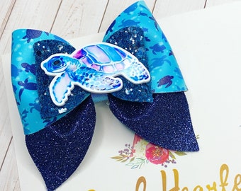 Under the Sea Hair Bow Clips: OTT Over the Top Hair-bows , Handmade Clay Center, Glitter Faux Leather