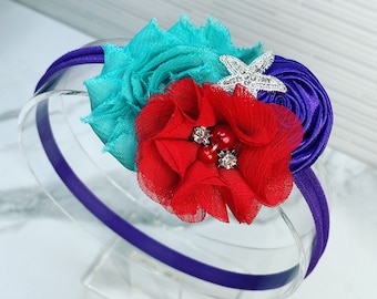 Mermaid Starfish Headband, Teal Red Purple, Cake Smash Photo Prop, Starfish Seashell, Ocean Sea Beach, Newborn Baby Toddler Girl, Flower