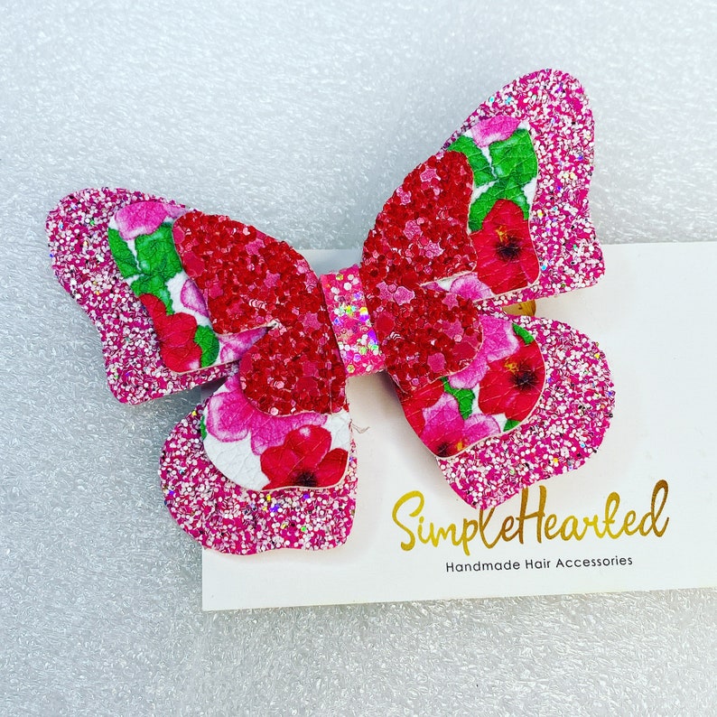 Butterfly Hair Clip, Monarch Butterfly Accessory, Side Part Bow, School Hair Bow, Festival Bow, Pastel & Bright Color, Floral Rainbow Print Photo 3