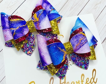 Geode Hair Bow Pigtail Set: Glitter Faux Leather Alligator Clips