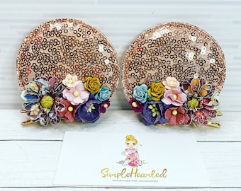 Mouse Ear Hair Clips, Floral Mouse Ears, Flower Mouse Ears, Toddler Mouse Ear, Girl Mouse Ear, Perfect for all Ages, Sequin Chunky Glitter