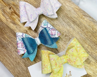 Girls Hair Bow Set, Solid + Floral Print, Glitter & Faux Leather, Baby Toddler Hair Bow, Classic Style Barrette Clip, Birthday Bow Gift Set