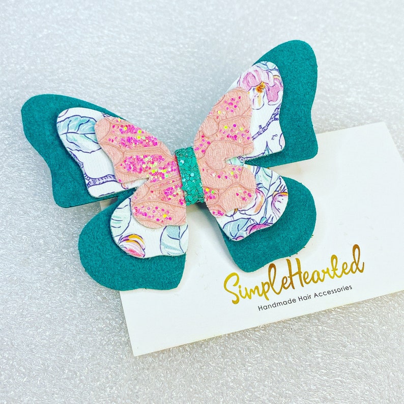 Butterfly Hair Clip, Monarch Butterfly Accessory, Side Part Bow, School Hair Bow, Festival Bow, Pastel & Bright Color, Floral Rainbow Print Photo 4