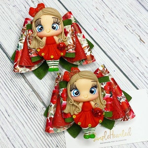 Christmas Hair Bow: Holiday Floral Print Girl, Reindeer, Snowman, Santa Clay Centerpiece, XMas Hair Accessory, Faux Leather, Glitter Bow image 2