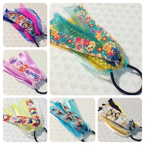 Ponytail Hair Ribbon Grab Bag, 5 Ribbon Ponytail Holders, Ponytail Hair bow, Hair Streamers Gift, Characters and Cartoons for Little Girls