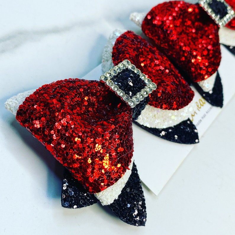 Christmas Hair Bows For Girls, Santa Suit Bow, Rhinestone Buckle, Pigtail Set, Toddler Hair Clips, Holiday Gift for Girl, Small 3 Inch Bow image 2