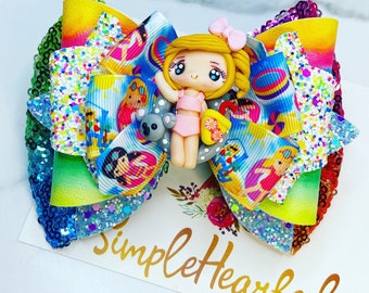 Beach Hair Bow, Under the Sea Hair Bow Clips: OTT Over the Top Hair-bows , Handmade Clay Center, Glitter Faux Leather