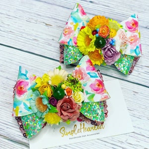 Floral Hair Clip, Toddler Bow, Baby Girl Hair Clip, Flower Girl Barrette, Spring Gift, Summer Garden, Pigtail Piggy Set, Wedding Hairpiece