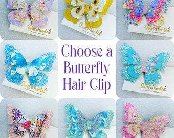 Butterfly Hair Clip, Monarch Butterfly Accessory, Side Part Bow, School Hair Bow, Festival Bow, Pastel & Bright Color, Floral Rainbow Print