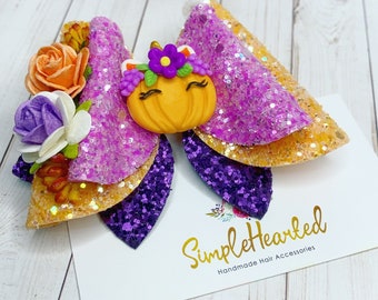 Halloween Hair Bow Clip, Clay Center Bow, Glitter Faux Leather, Girl Halloween Costume, Fall Autumn Pumpkin Spooky Ghost, Single or Pigtail