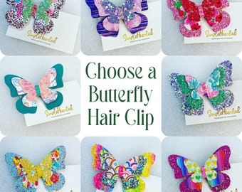 Butterfly Hair Clip, Monarch Butterfly Accessory, Side Part Bow, School Hair Bow, Festival Bow, Pastel & Bright Color, Floral Rainbow Print