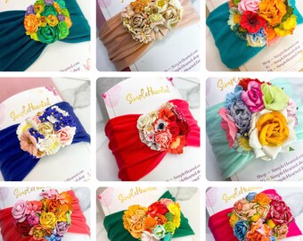 OOAK Flower Headband, Natural Floral Crown, Boho Turban Headpiece, Nylon Headbands fit Newborns, Toddlers, Girls and Women