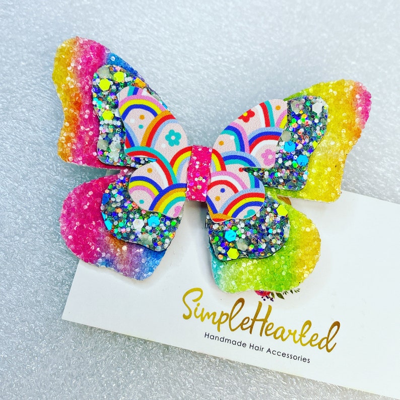 Butterfly Hair Clip, Monarch Butterfly Accessory, Side Part Bow, School Hair Bow, Festival Bow, Pastel & Bright Color, Floral Rainbow Print Photo 7