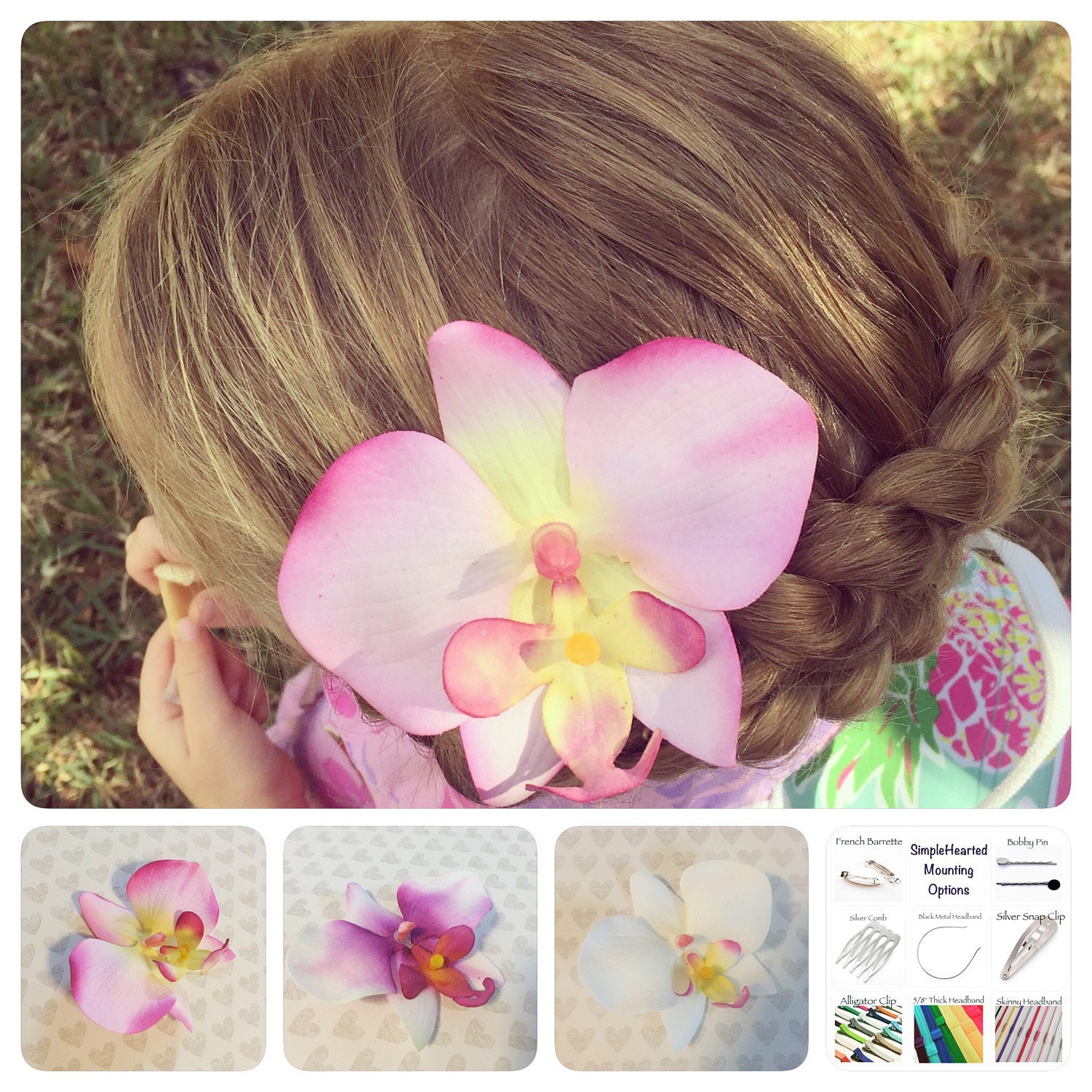 Pink and white orchid hair barrette clips Set of 2 Pink Floral Hairpins for Girls Sweet Orchids Flower  main image 2