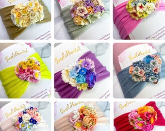 OOAK Flower Headband, Natural Floral Crown, Boho Turban Headpiece, Nylon Headbands fit Newborns, Toddlers, Girls and Women
