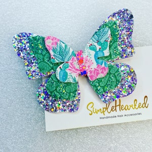 Butterfly Hair Clip, Monarch Butterfly Accessory, Side Part Bow, School Hair Bow, Festival Bow, Pastel & Bright Color, Floral Rainbow Print Photo 5