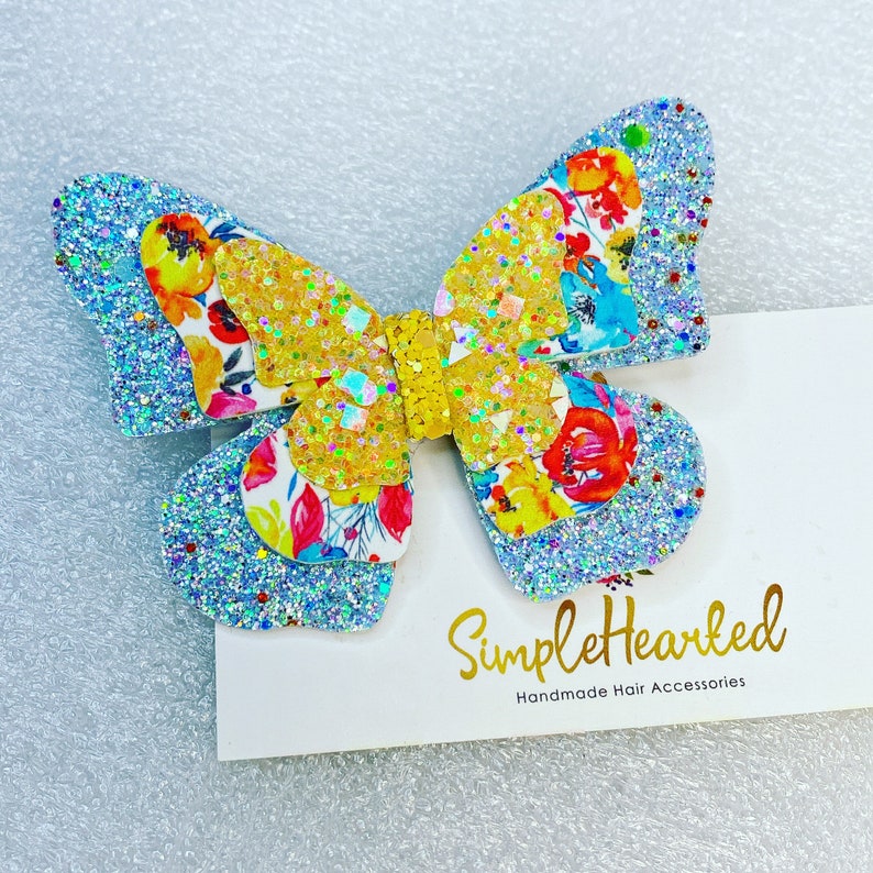 Butterfly Hair Clip, Monarch Butterfly Accessory, Side Part Bow, School Hair Bow, Festival Bow, Pastel & Bright Color, Floral Rainbow Print Photo 6