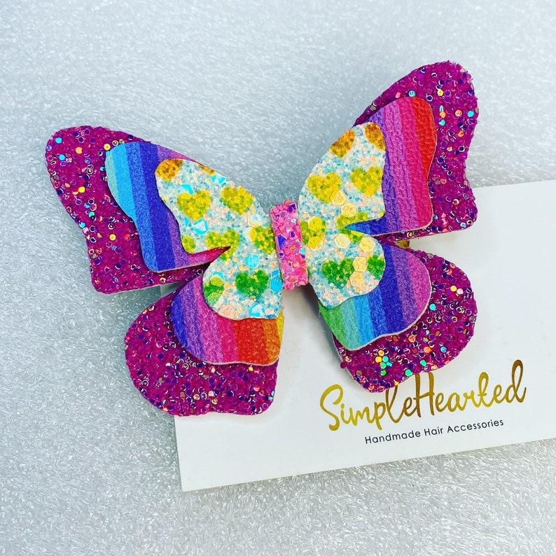 Butterfly Hair Clip, Monarch Butterfly Accessory, Side Part Bow, School Hair Bow, Festival Bow, Pastel & Bright Color, Floral Rainbow Print Photo 8