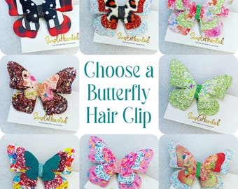 Butterfly Hair Clip, Monarch Butterfly Accessory, Side Part Bow, School Hair Bow, Festival Bow, Pastel & Bright Color, Floral Rainbow Print