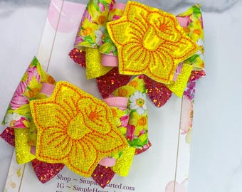 Daffodil Flower Hair Bow Clip: OTT Over the Top Pigtail Bows, Floral Print