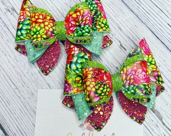 Cactus Succulent Plant Hair Bow Pigtail Set: Faux Leather Alligator Clips