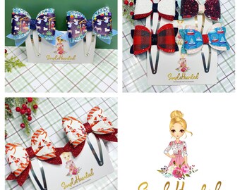 Christmas Snap Clips: Santa's Workshop, Rudolph Reindeer, Christmas Nativity, Snow Globe, Bufflao Plaid, Elf Print, Glitter Hair Bow Clips